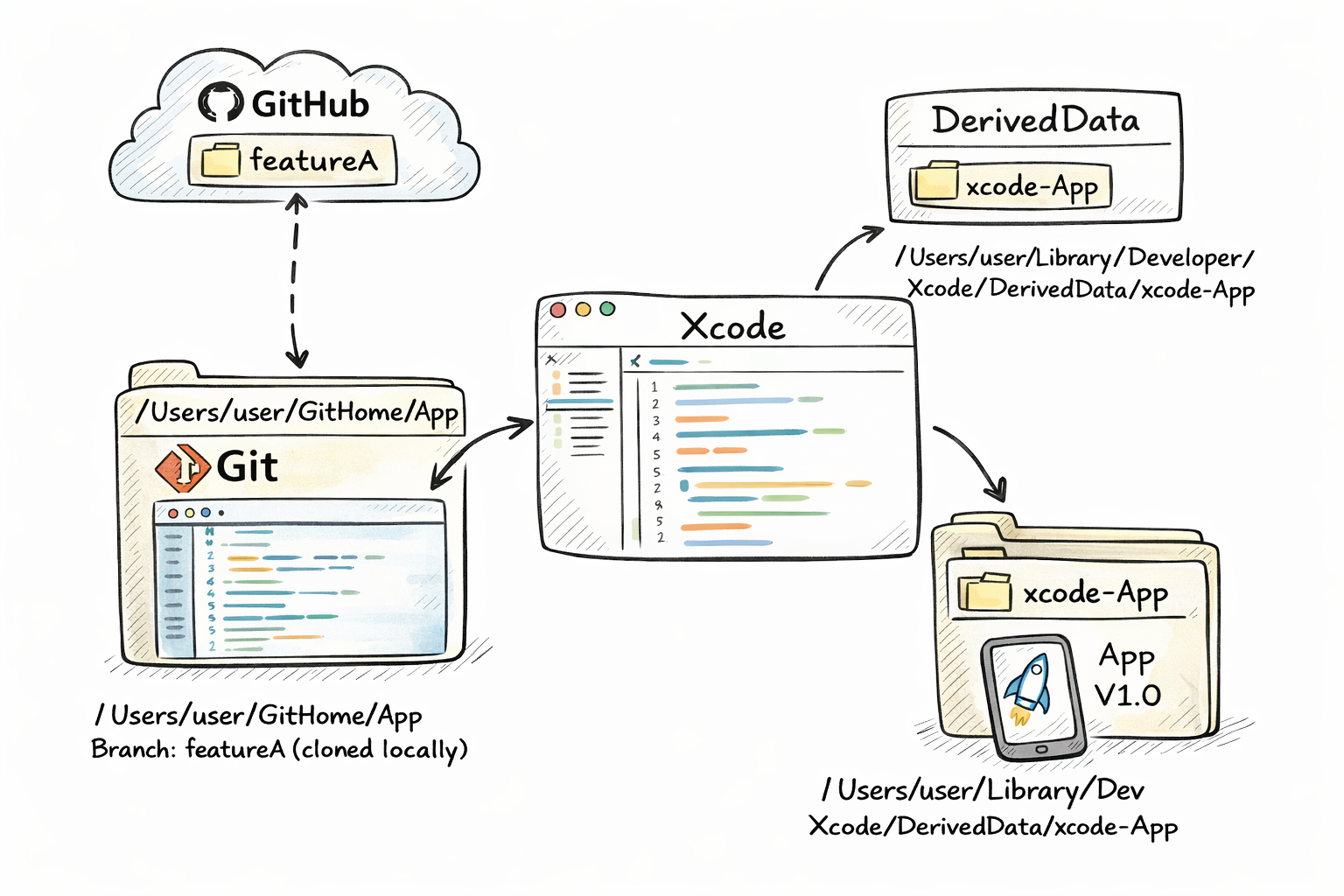 How Xcode normally builds — shared DerivedData